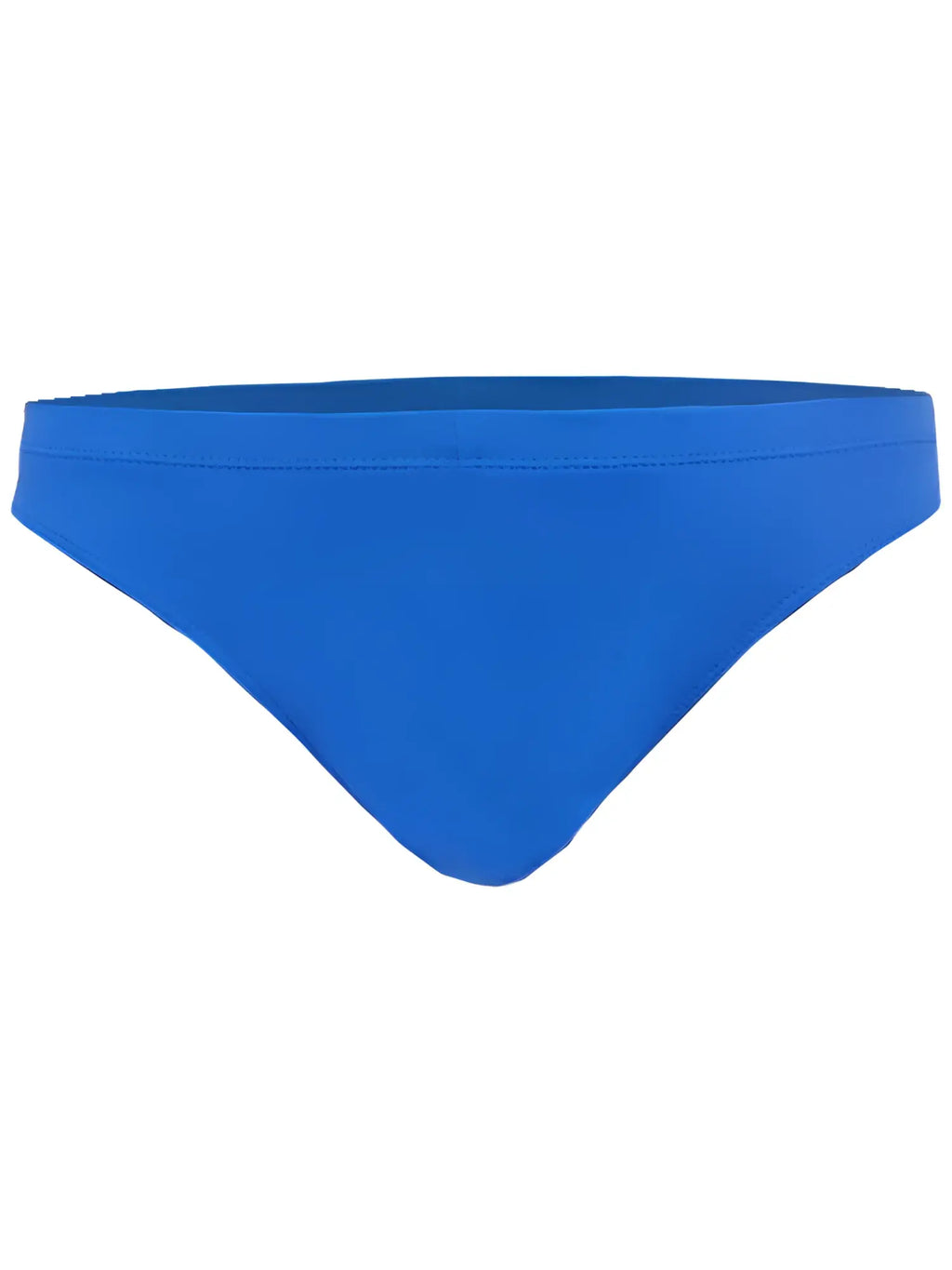 Bright blue pride bikini bottom with seamless smooth stretchy fabric shown from the back side