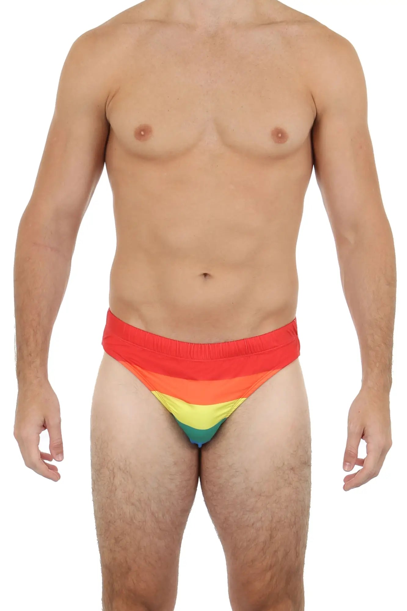 Pride bikini rainbow-striped men’s swim trunks in vibrant red orange yellow green and blue hues for beachwear