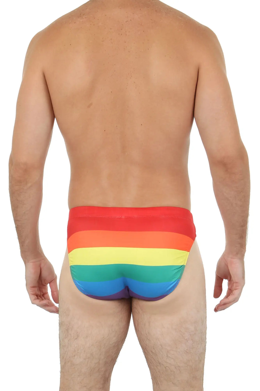 Pride bikini rainbow-striped men’s briefs in vibrant red orange yellow green blue and purple horizontal bands