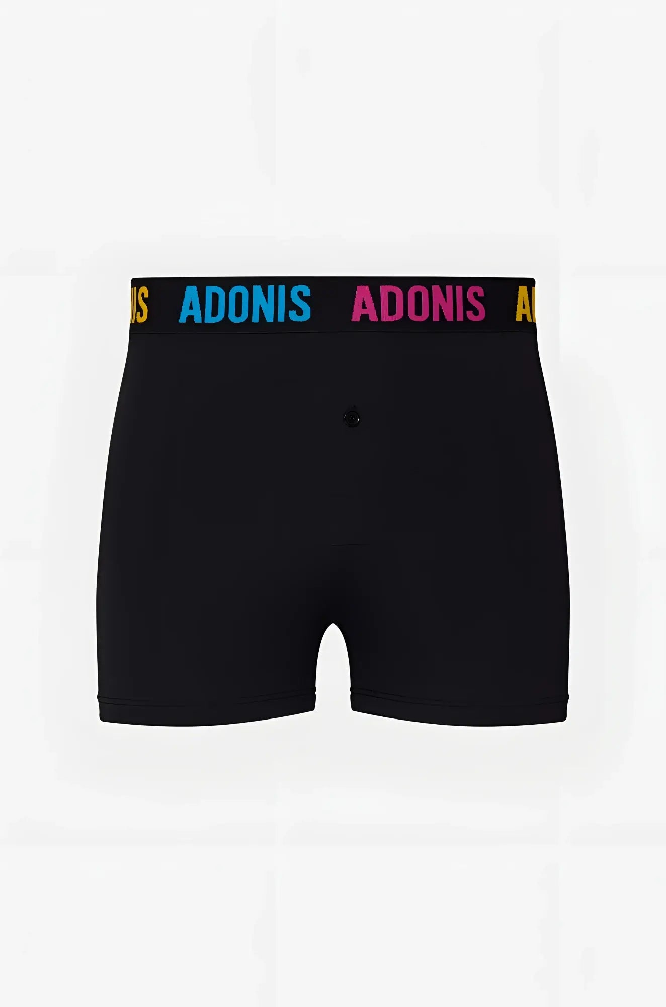 Black adonis pride boxer briefs with colorful elastic waistband featuring brand name in blue and pink lettering