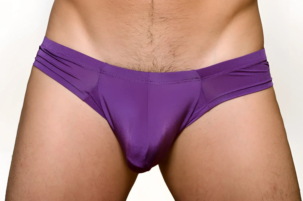 Purple satin pride cheeky metro brief with plus pouch featuring a smooth glossy finish and snug fit