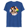 Blue heathered t-shirt featuring a circular graphic of diverse drag queens with rainbow pride flag background