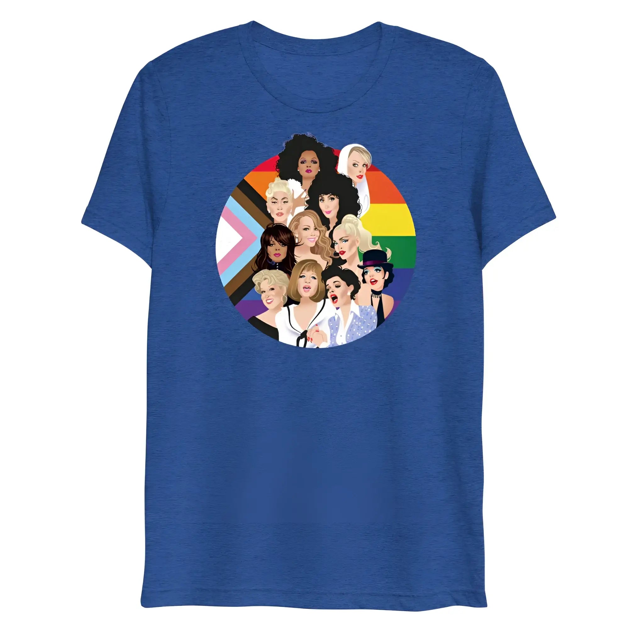 Blue heathered t-shirt featuring a circular graphic of diverse drag queens with rainbow pride flag background
