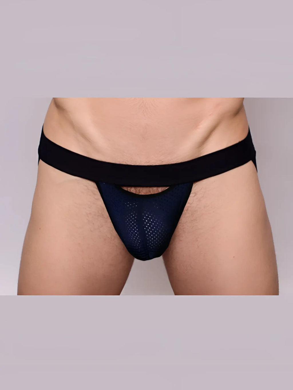 Pride drop jockstrap black mesh briefs with solid black waistband front view for support and comfort