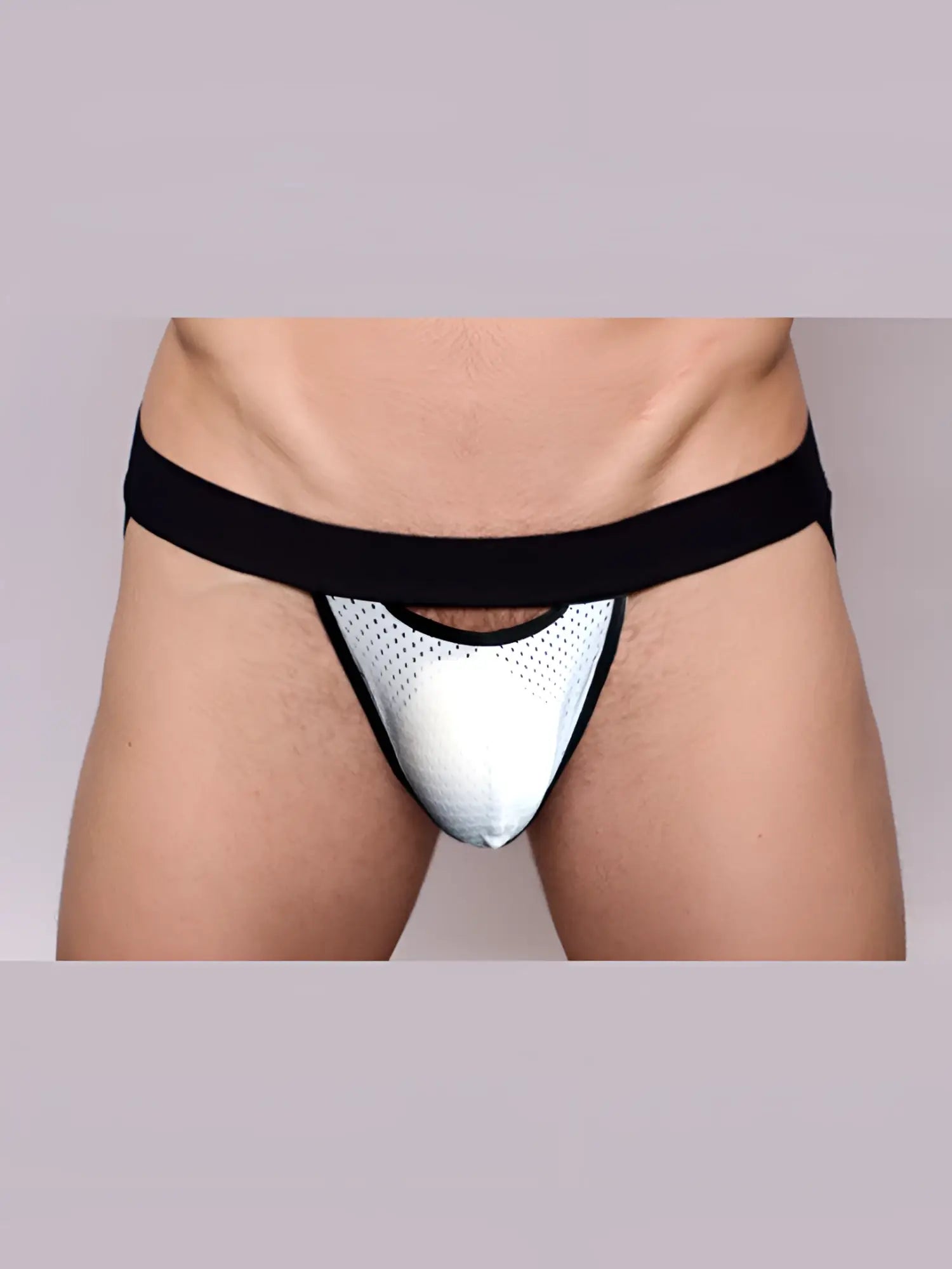 Black and white mesh athletic pride drop jockstrap briefs with solid black waistband shown from the back side
