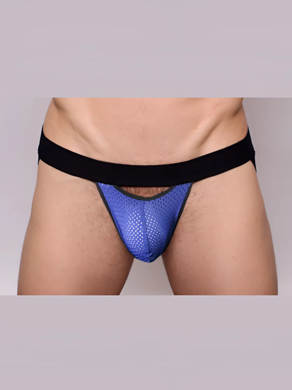 Blue mesh briefs with a black elastic waistband from the pride drop jockstrap collection visible from the back side