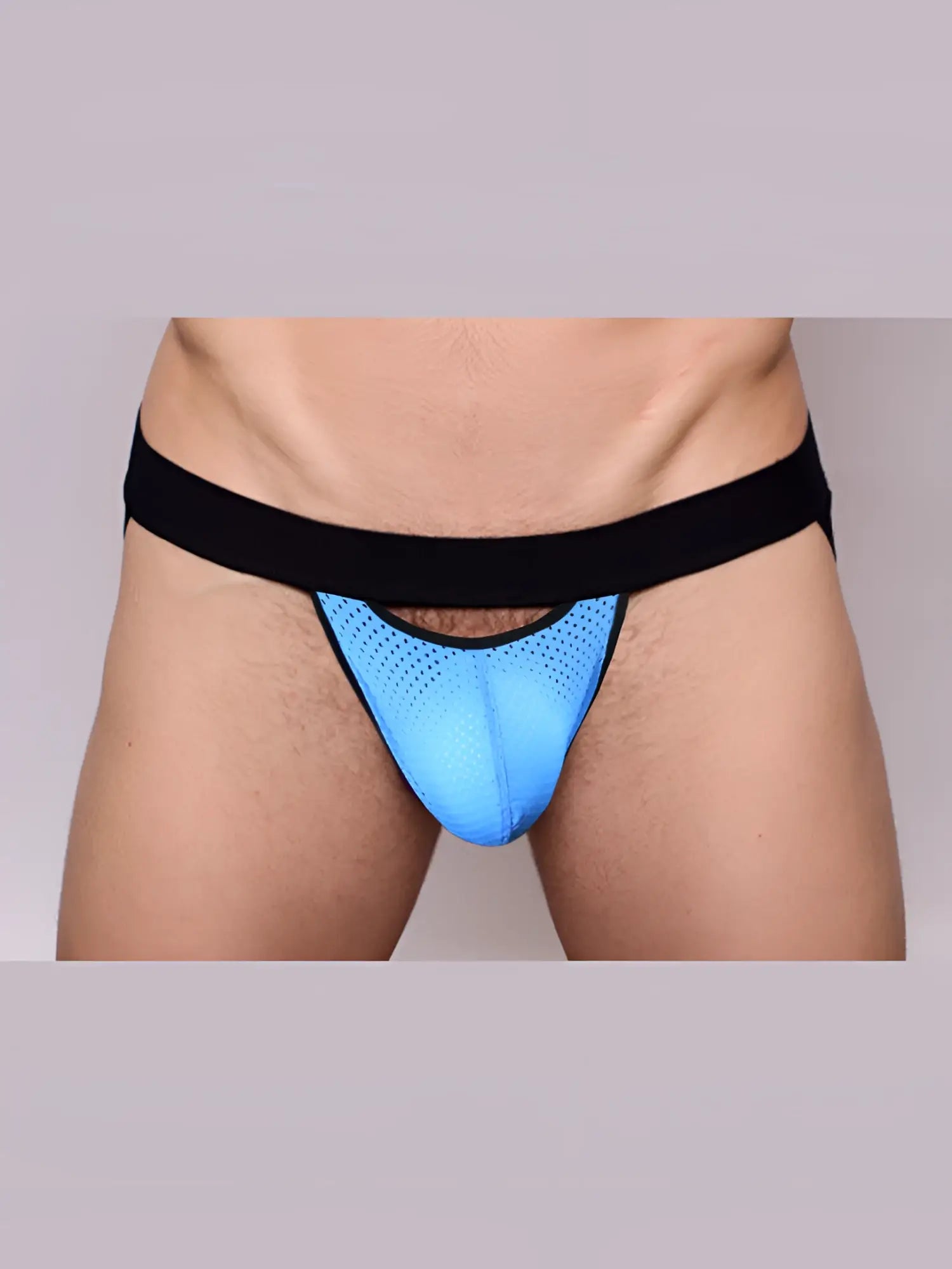 Bright blue mesh pride drop jockstrap with black elastic waistband designed for support and comfort