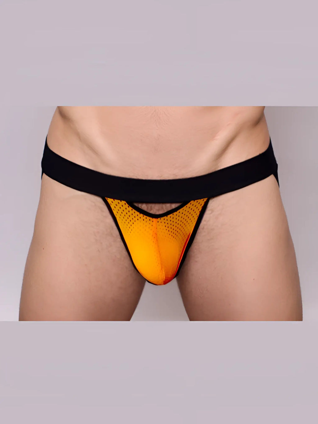 Vibrant orange mesh thong with black elastic waistband pride drop jockstrap front view