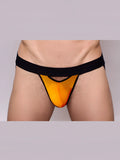 Vibrant orange mesh thong with black elastic waistband pride drop jockstrap front view