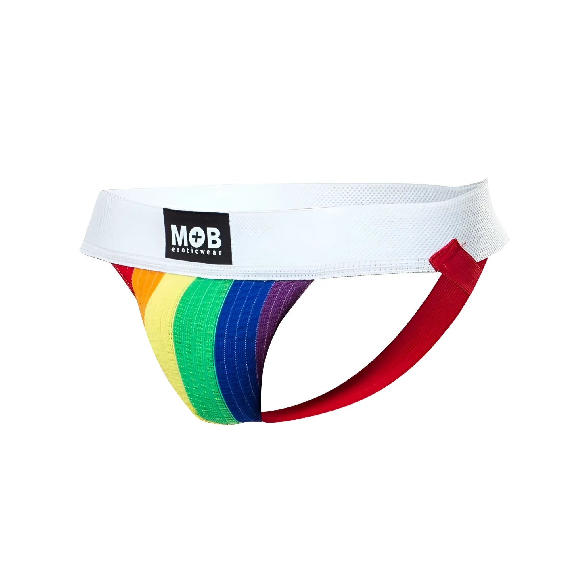 Rainbow-striped pride flag colors jockstrap with white mob eroticwear waistband for athletic use