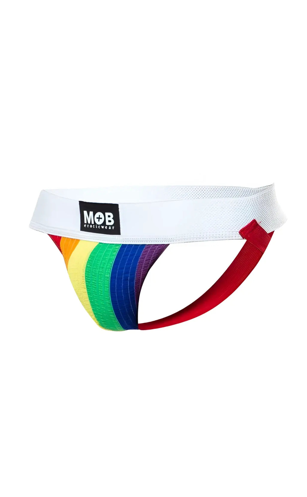 Pride flag colors jockstrap featuring rainbow-striped athletic briefs with white waistband red side panels and mob underwear logo