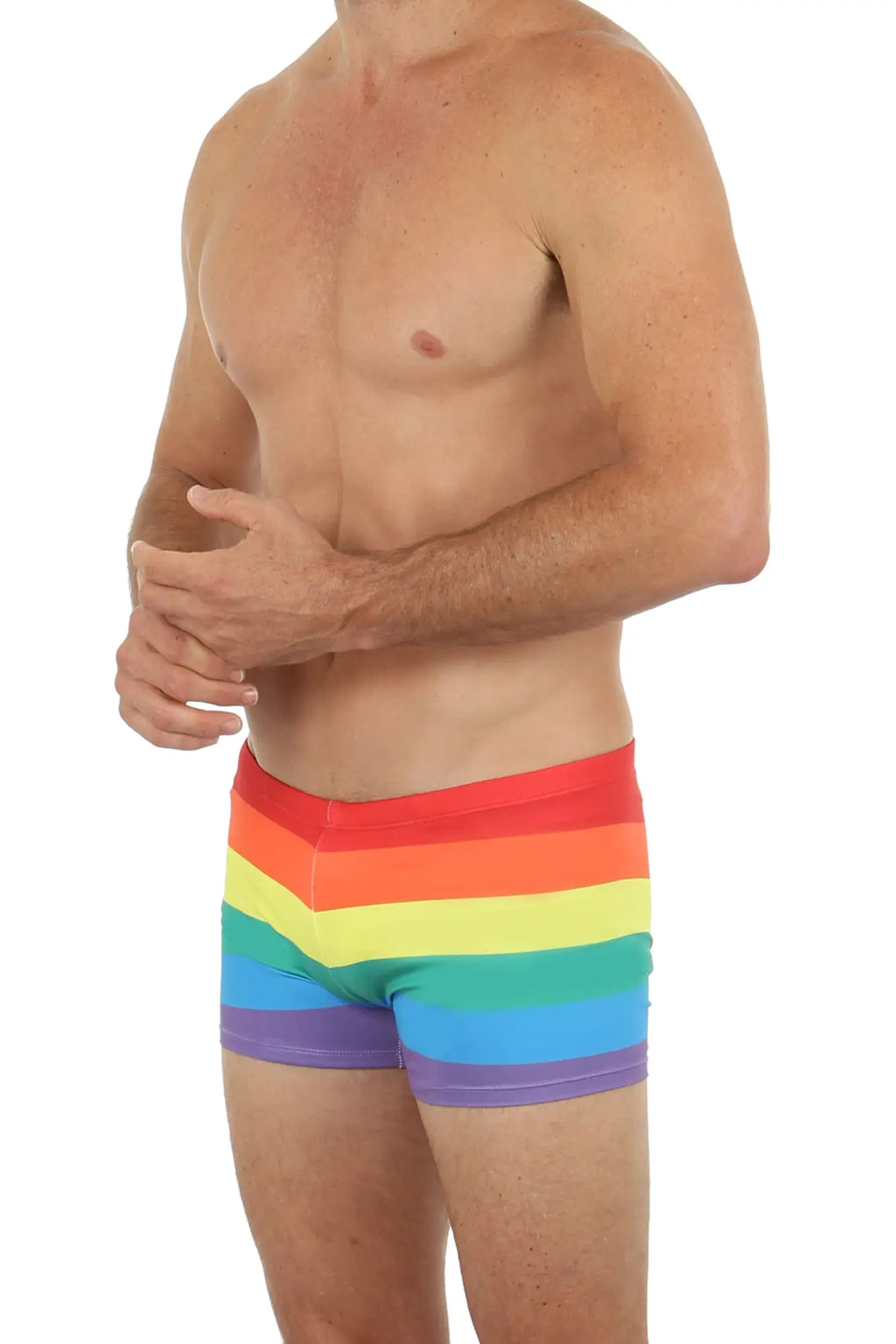 Pride hot short rainbow-striped men’s briefs with bold horizontal bands of red orange yellow green blue and purple