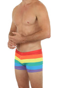 Pride hot short rainbow-striped men’s briefs with bold horizontal bands of red orange yellow green blue and purple