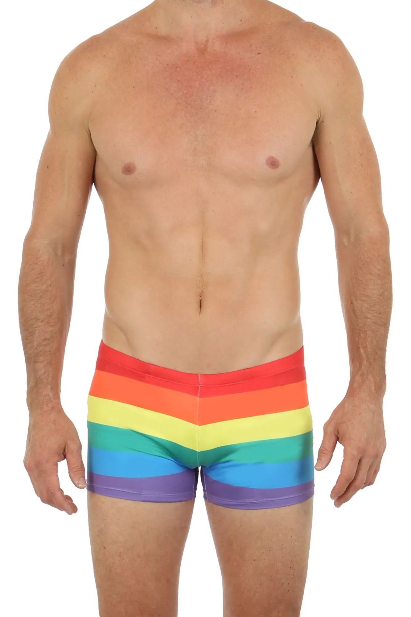 Rainbow-striped pride hot short men’s briefs with a snug, form-fitting design for comfortable daily wear