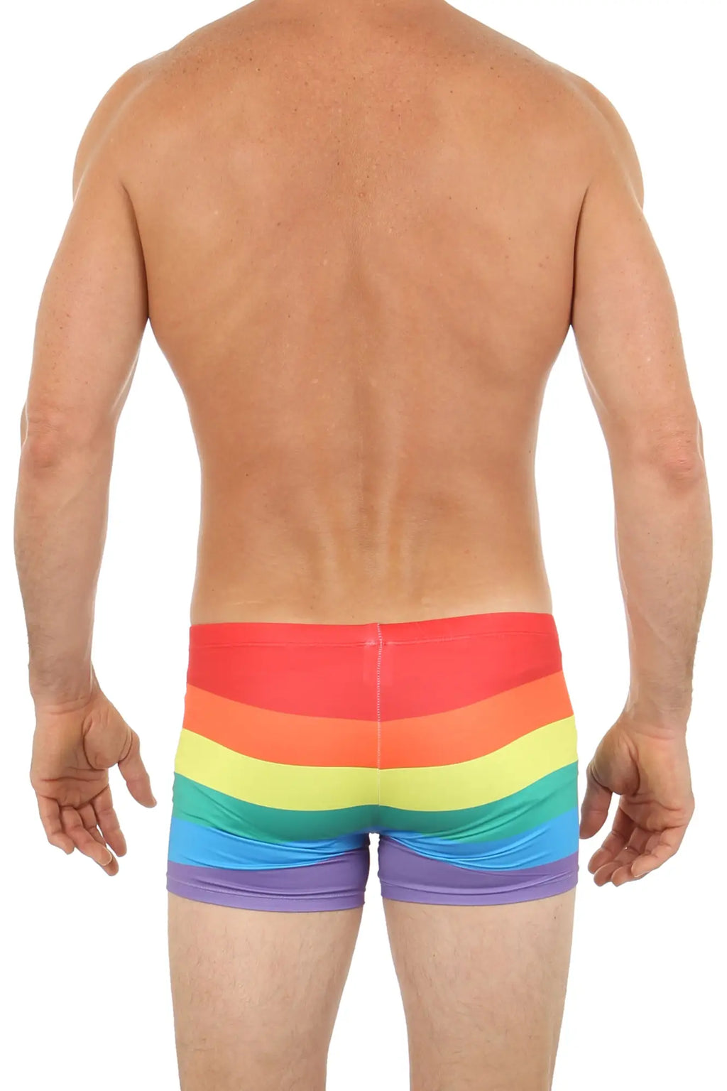 Pride hot short men’s swim trunks with vibrant rainbow-striped horizontal bands for beach and pool use