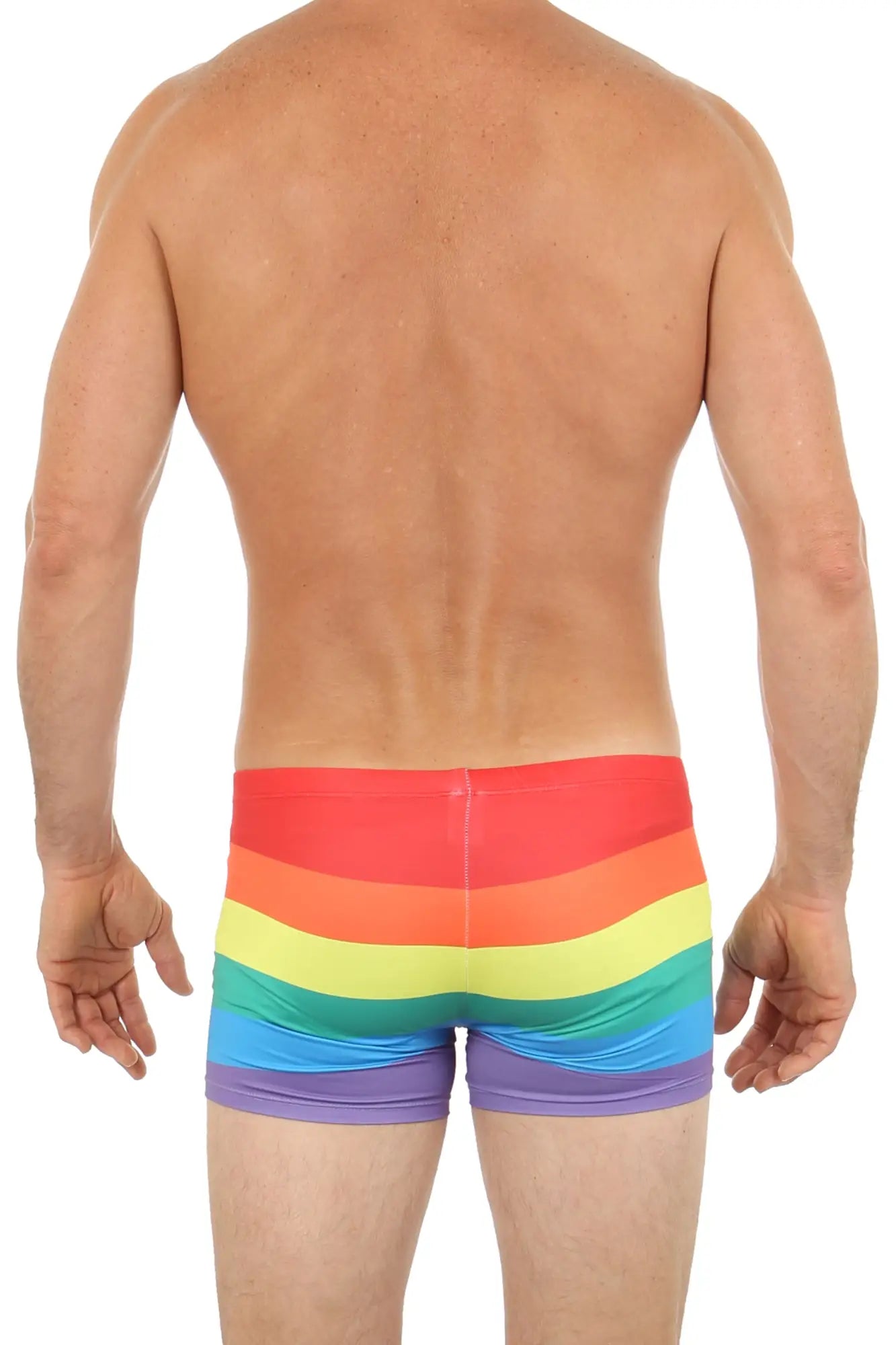 Pride hot short men’s swim trunks with vibrant rainbow-striped horizontal bands for beach and pool use
