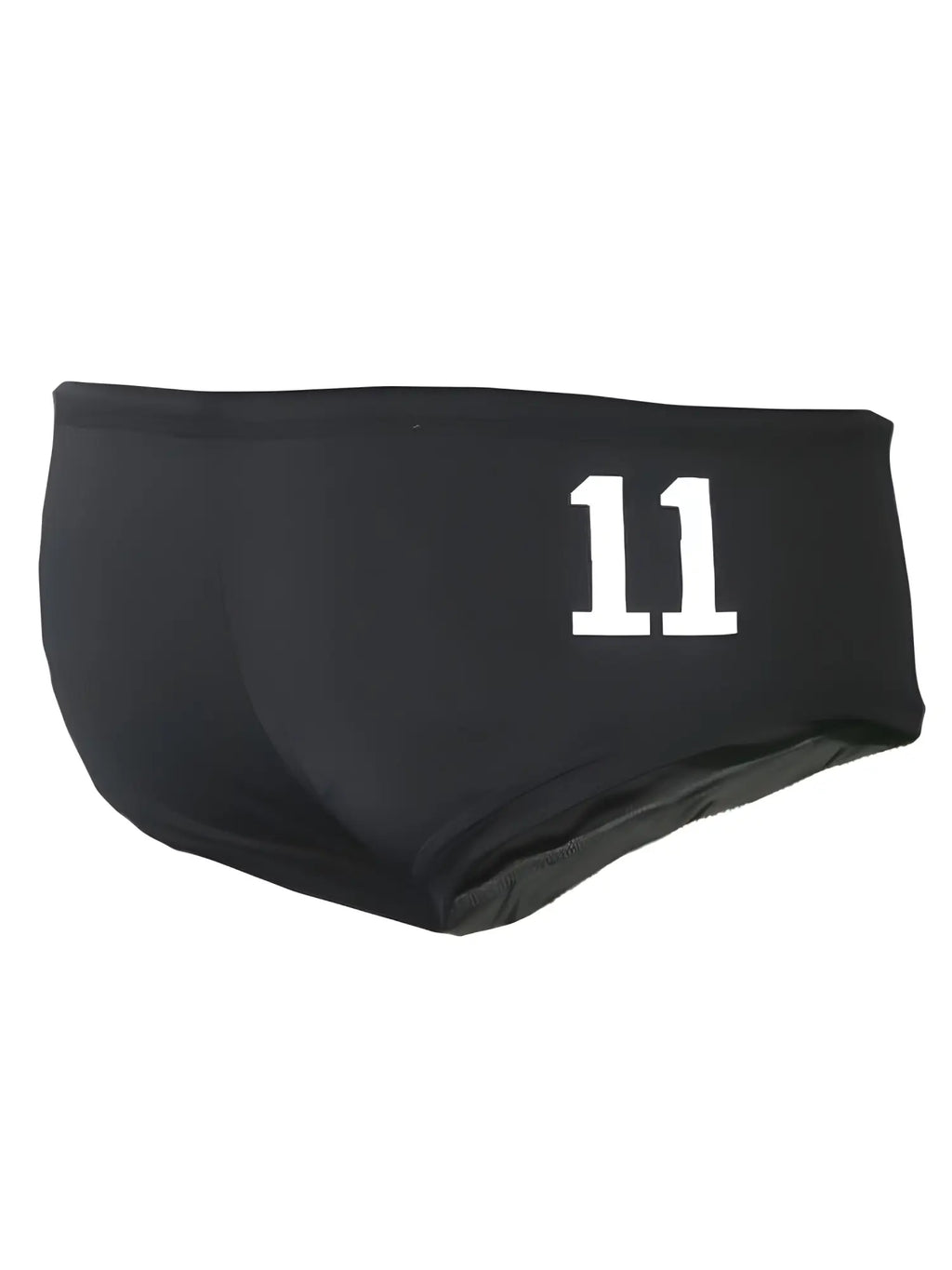 Black pride justin brief swim trunks with white number 11 printed on the front ideaal for beach use
