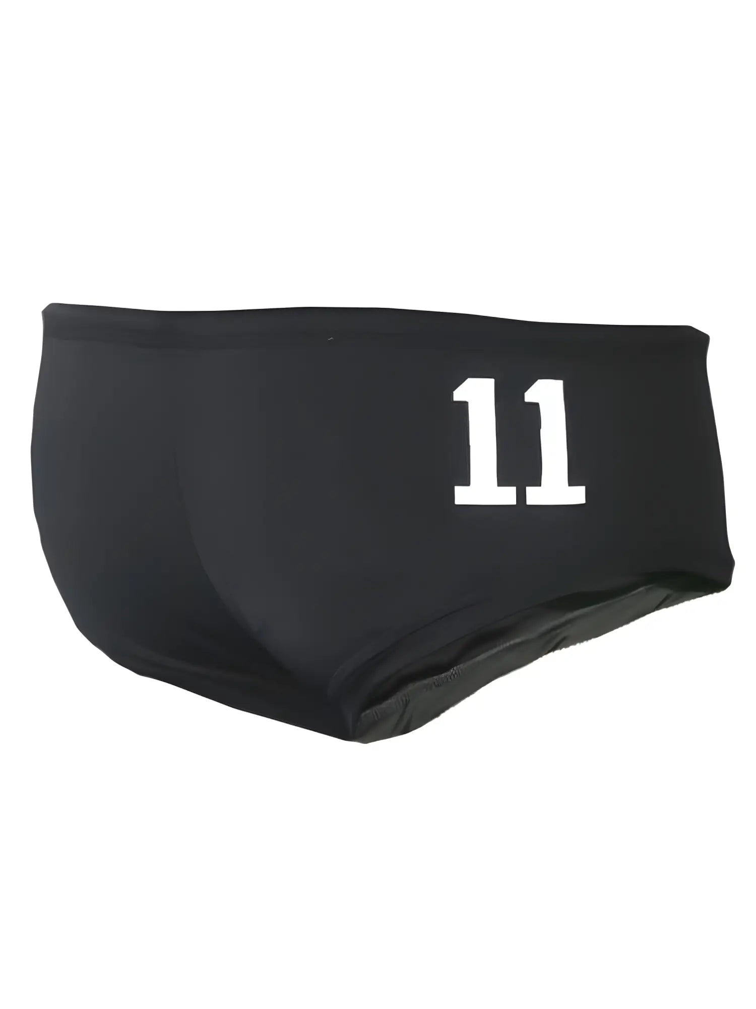 Black pride justin brief swim trunks with white number 11 printed on the front ideaal for beach use