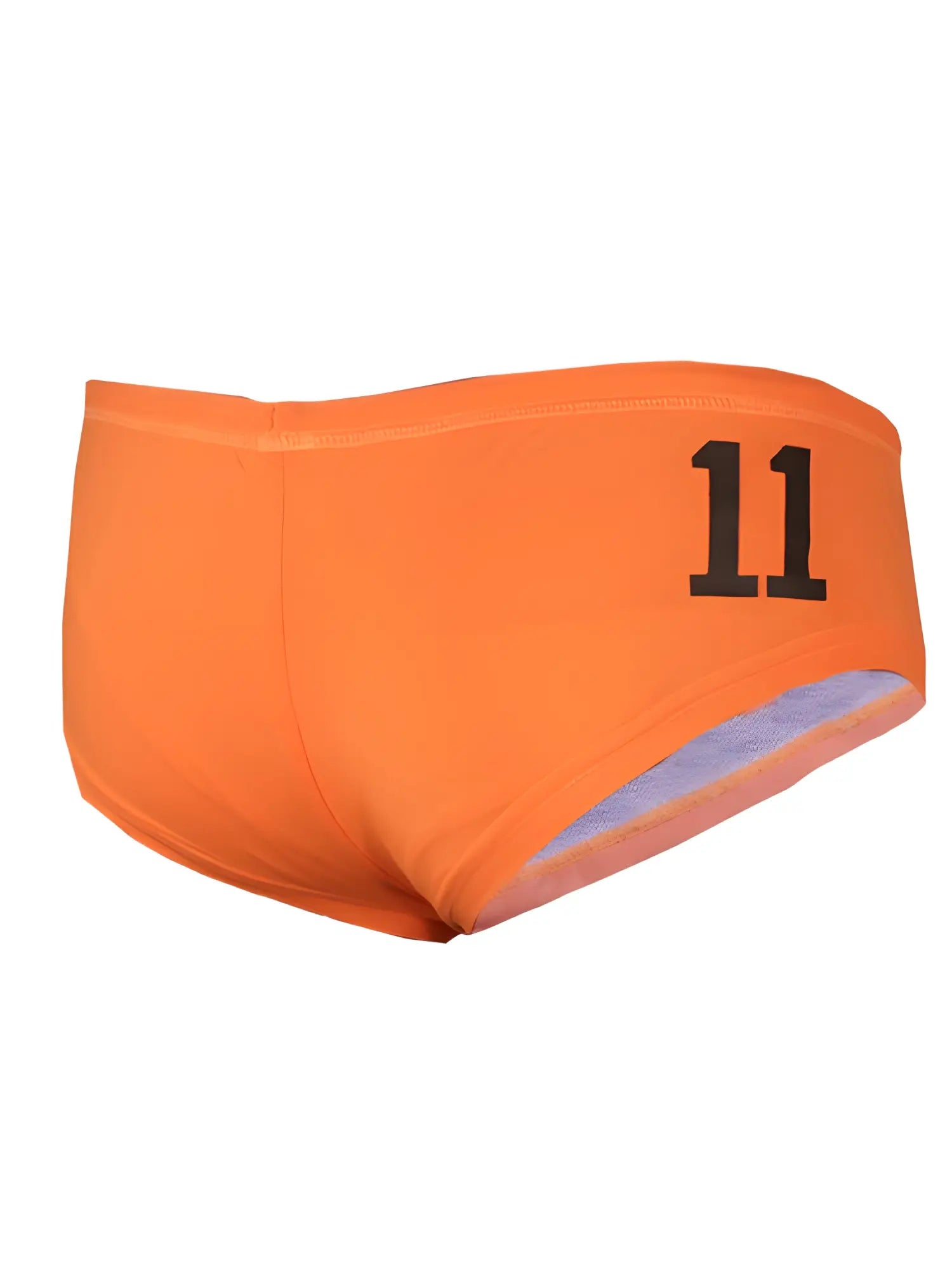 Bright orange pride justin brief swim trunks with black number 11 printed on the side for water activities