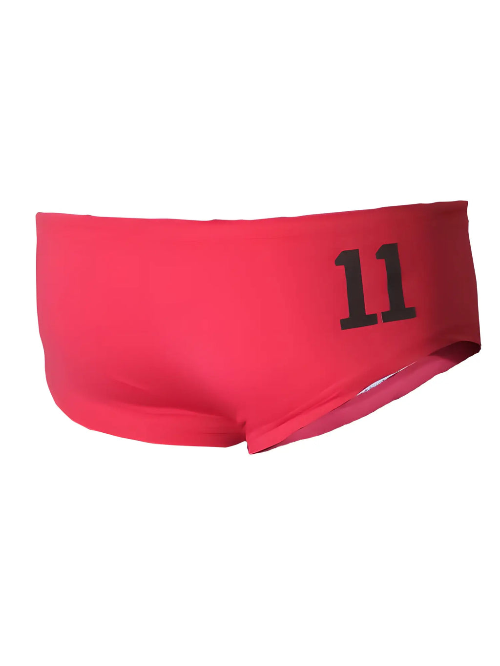 Bright red pride Justin brief swim trunks featuring bold black number 11 printed on the side