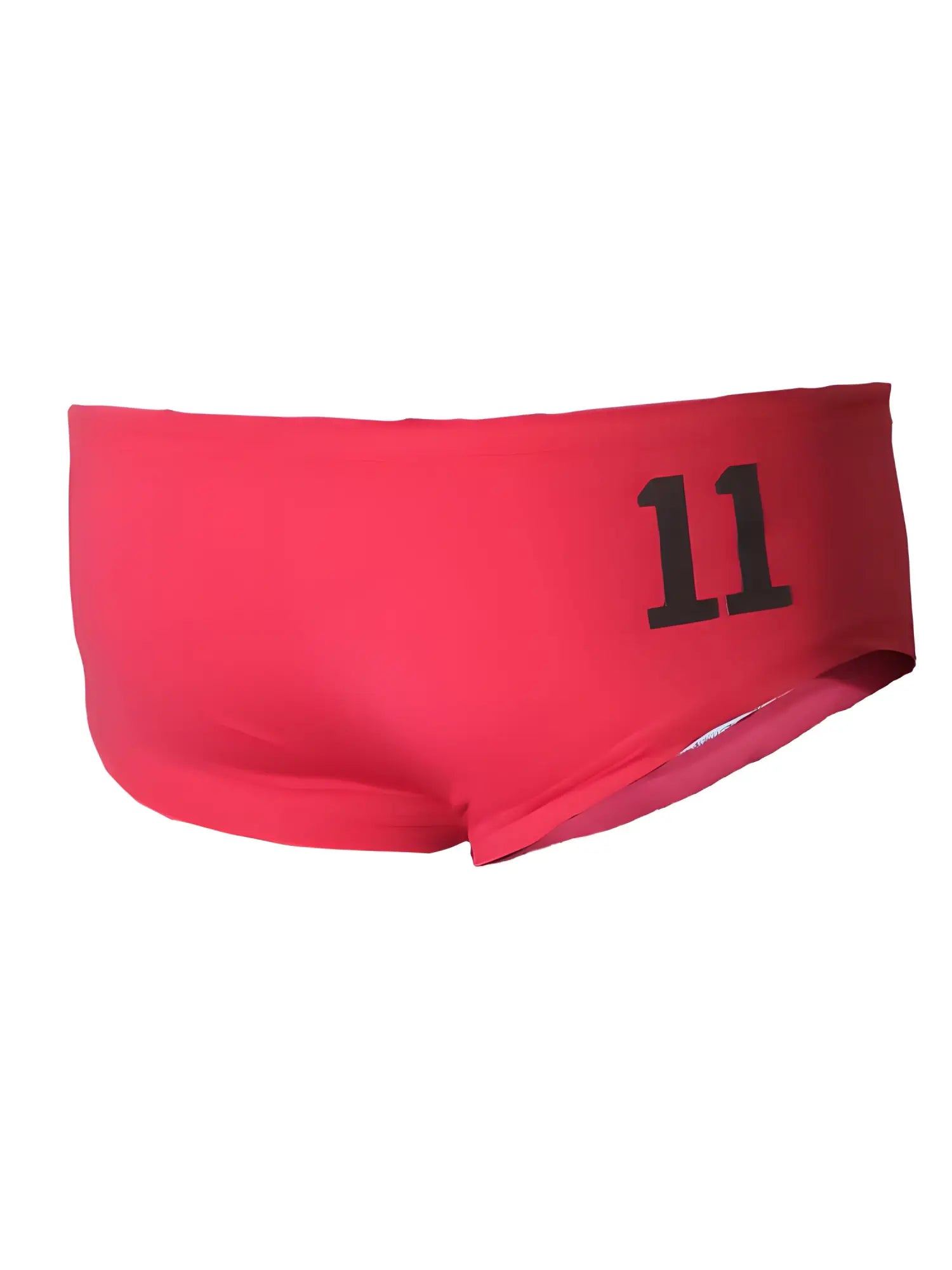 Bright red pride Justin brief swim trunks featuring bold black number 11 printed on the side