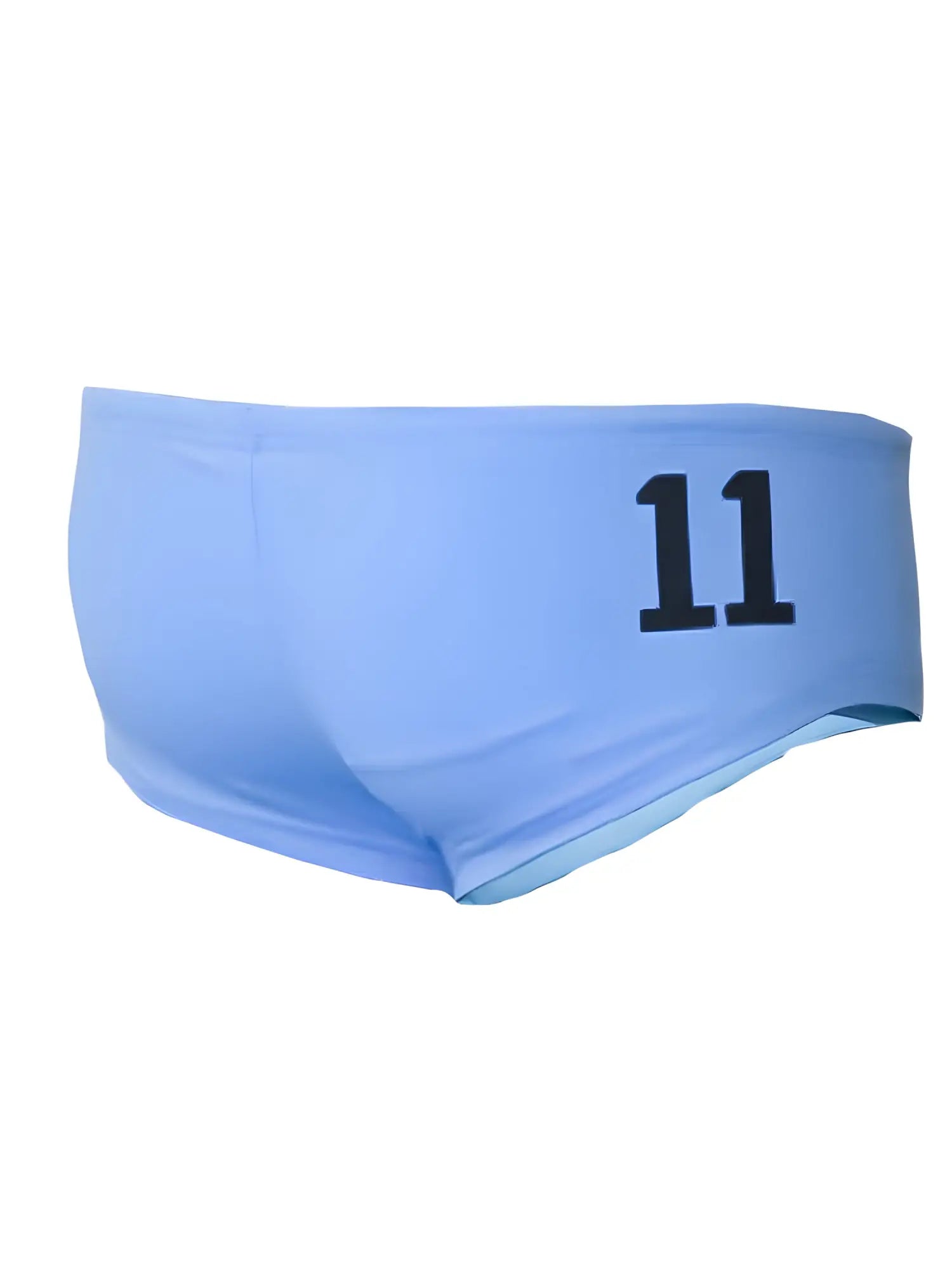 Light blue pride justin brief swim trunks with black number 11 printed on the side for swimming and beachwear