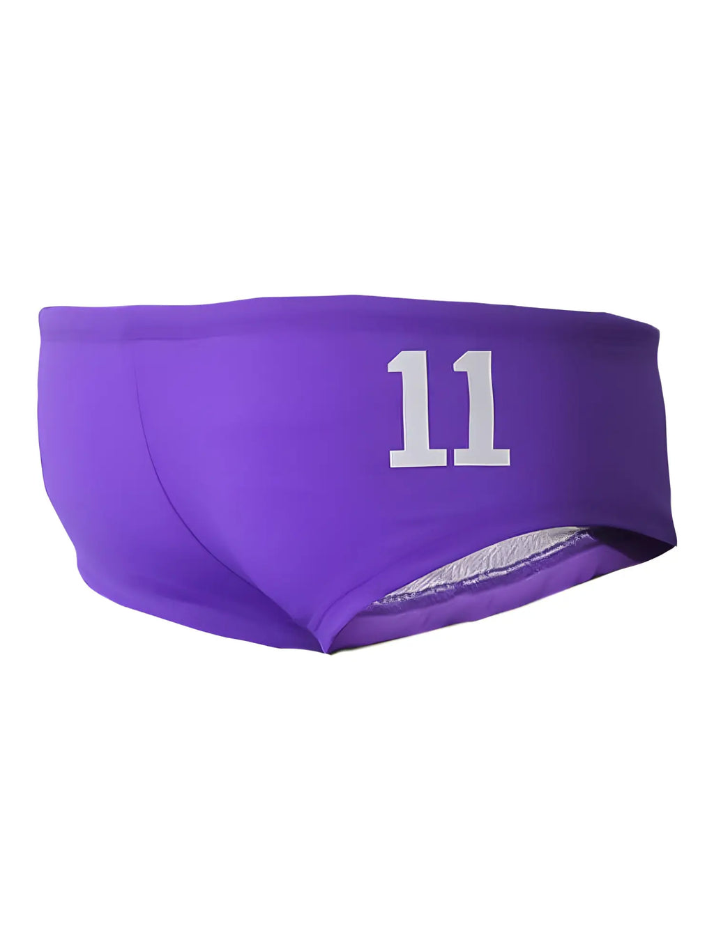 Purple pride justin brief swim trunks with white number 11 printed on the front for casual beachwear