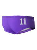 Purple pride justin brief swim trunks with white number 11 printed on the front for casual beachwear