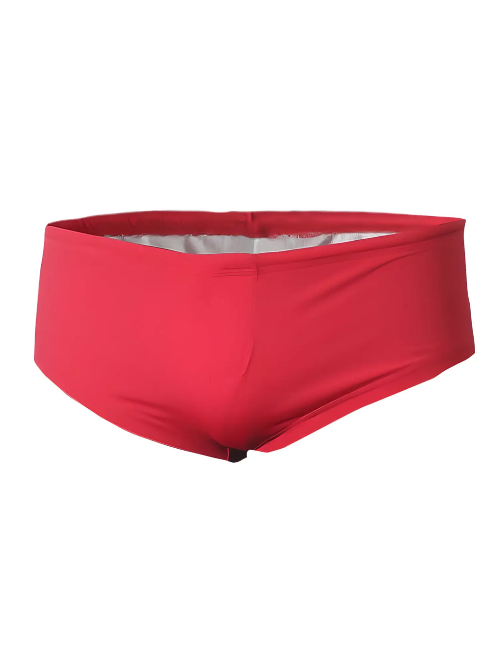 Red pride justin brief swim trunks with silver lining and black elastic waistband for comfortable swimming