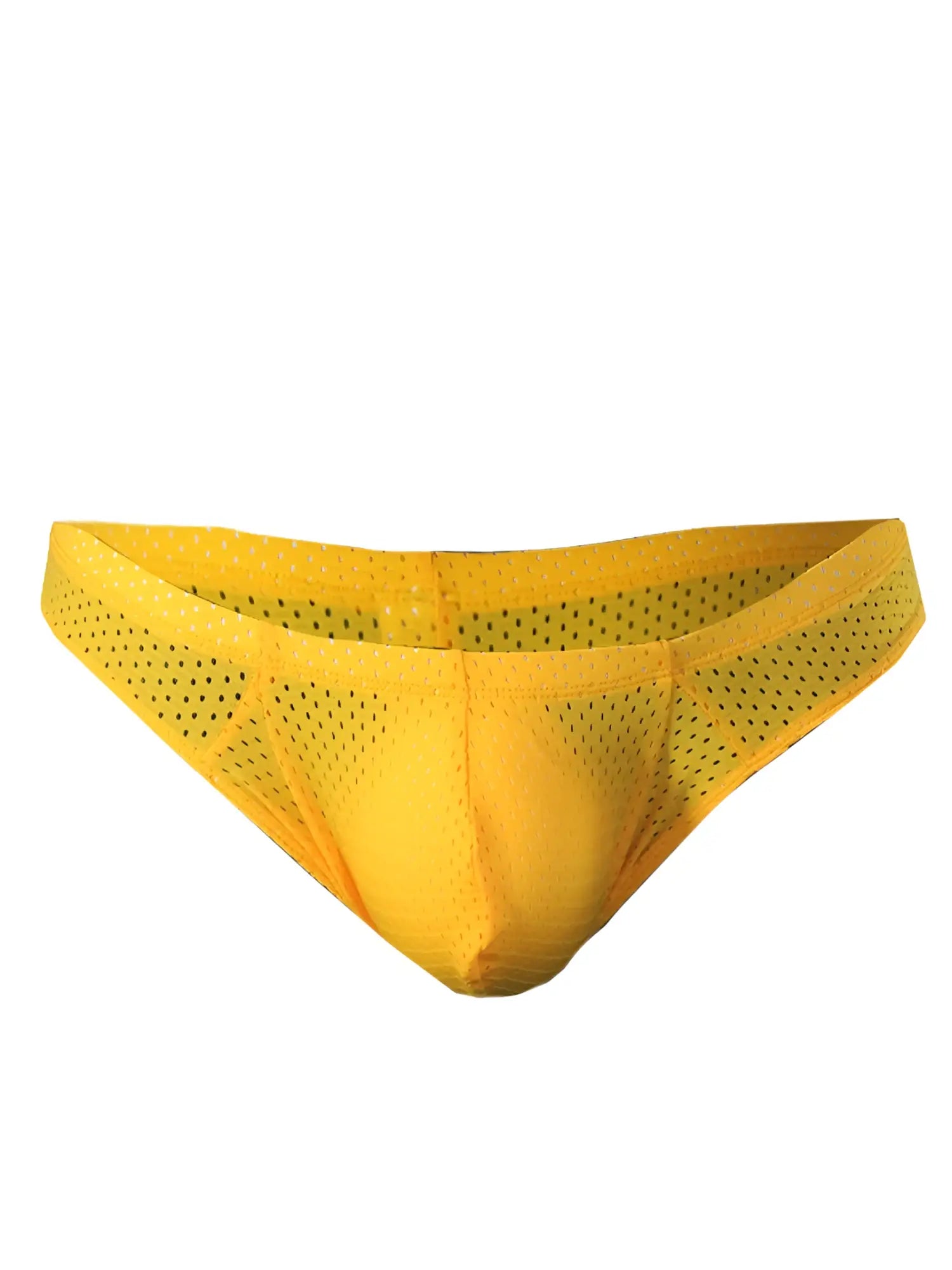 Bright yellow pride mesh bunz brief with breathable perforated mesh fabric for comfort and ventilation