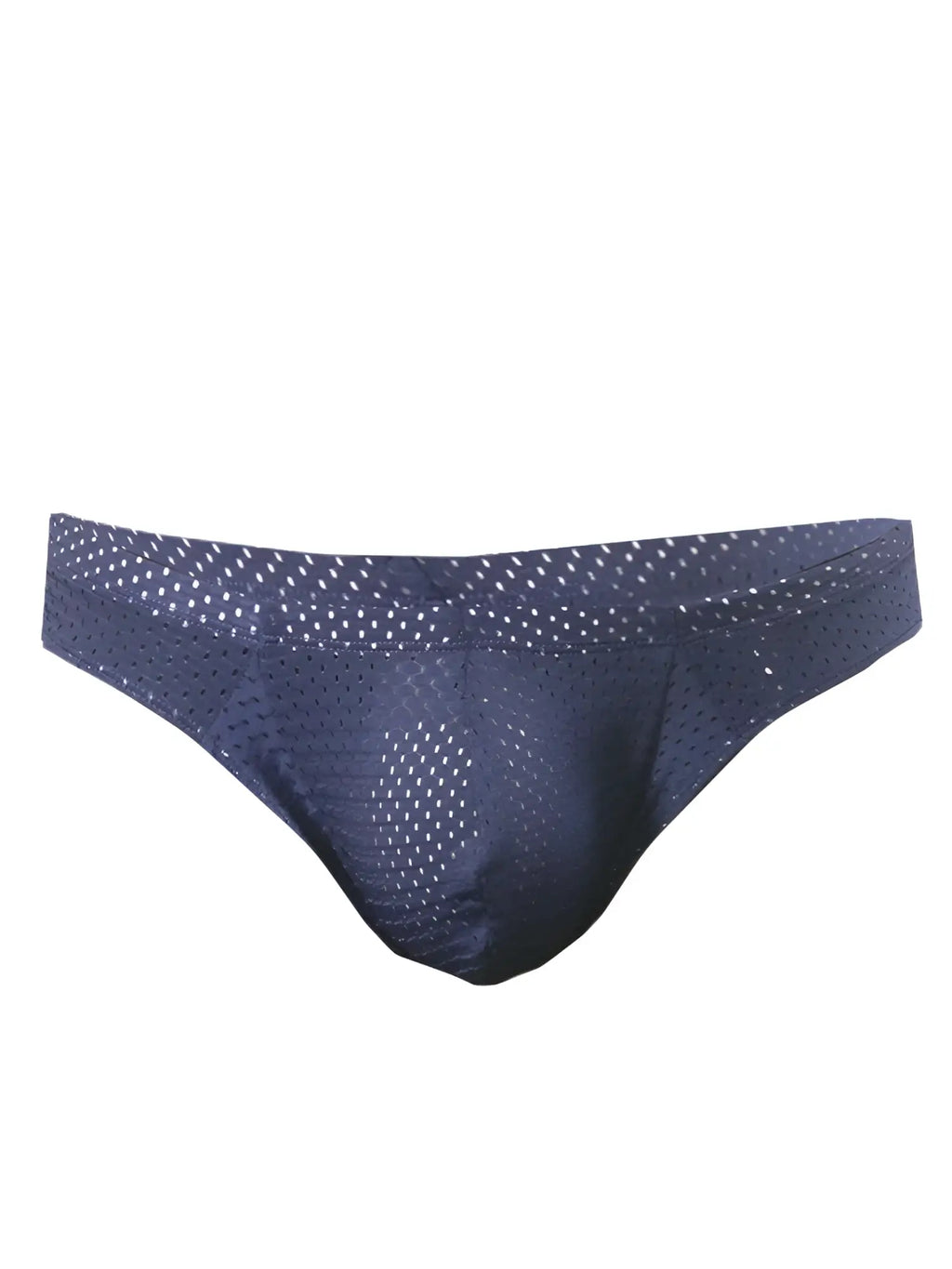 Dark blue mesh briefs with subtle white dot pattern in pride mesh bunz brief design