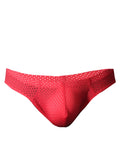 Red mesh bunz brief in red with a perforated design made of breathable mesh fabric for pride wear