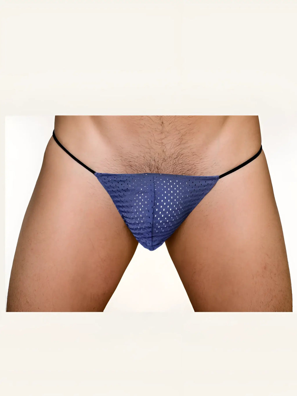Pride mesh g-string featuring a blue mesh thong with a black elastic waistband shown from the front