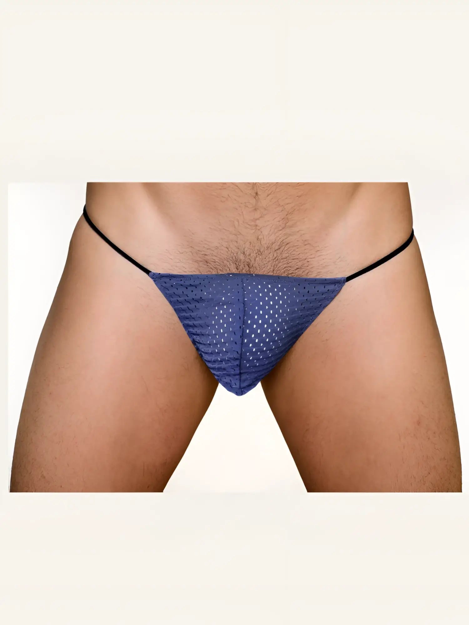 Pride mesh g-string featuring a blue mesh thong with a black elastic waistband shown from the front