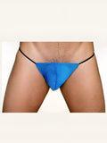 Pride mesh g-string brief in bright blue mesh with black elastic waistband shown from the back side
