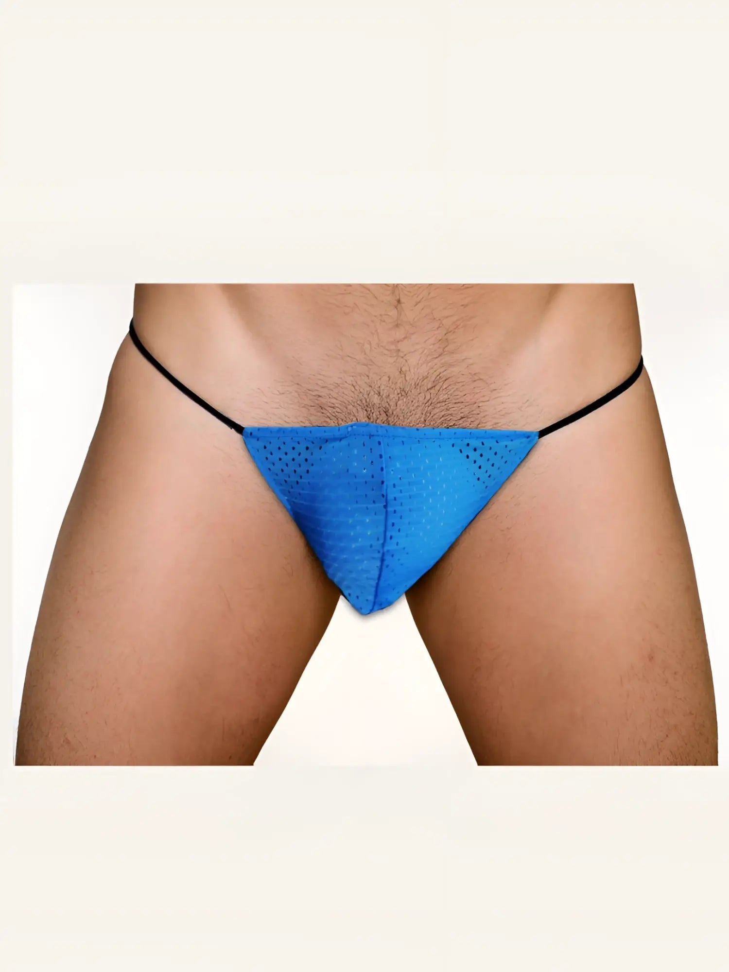 Pride mesh g-string brief in bright blue mesh with black elastic waistband shown from the back side