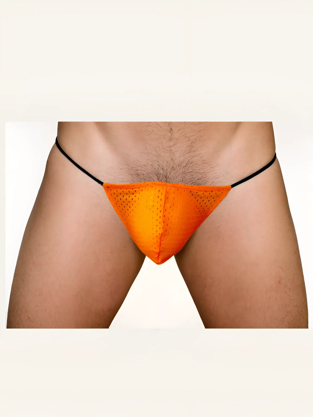 Bright orange mesh triangle brief with black elastic waistband part of pride mesh g-string collection