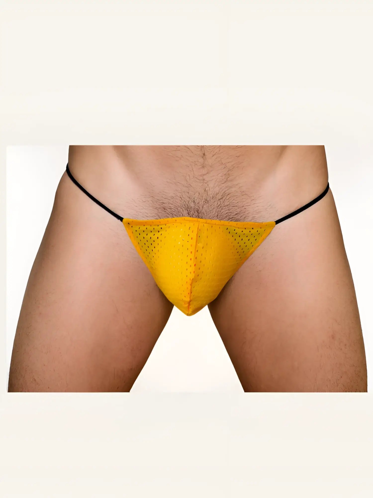 Pride mesh g-string bright yellow mesh thong with black elastic waistband showing front side