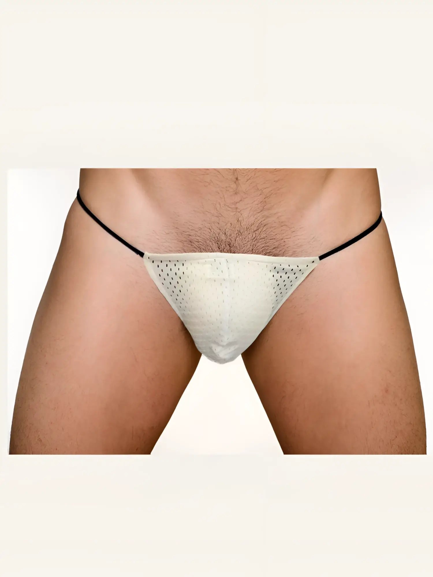 Cream-colored mesh pride mesh g-string thong with black elastic waistband showing front view