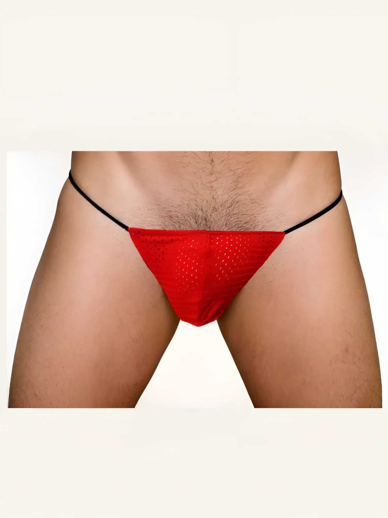 Pride mesh g-string red mesh thong with black elastic waistband shown from the back side