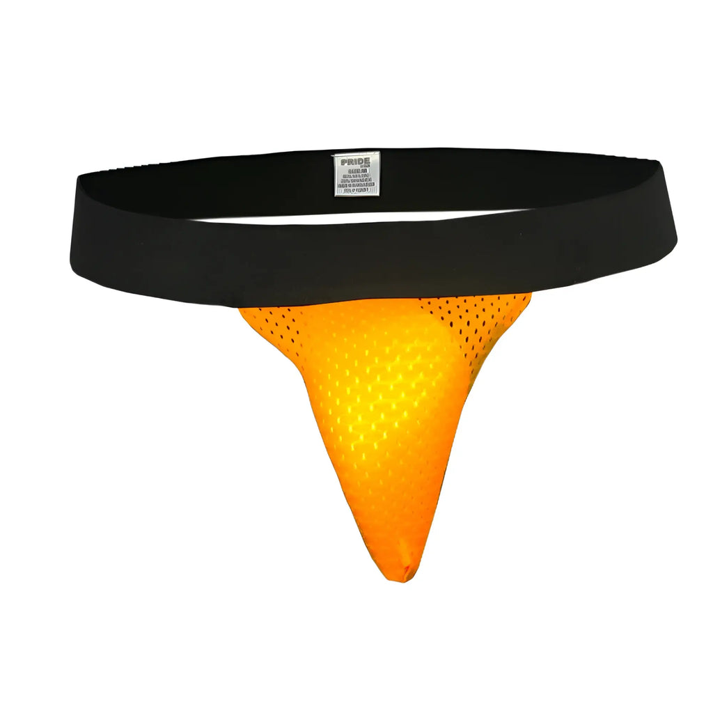 Bright orange mesh thong with black elastic waistband featured in pride mesh sock collection front view