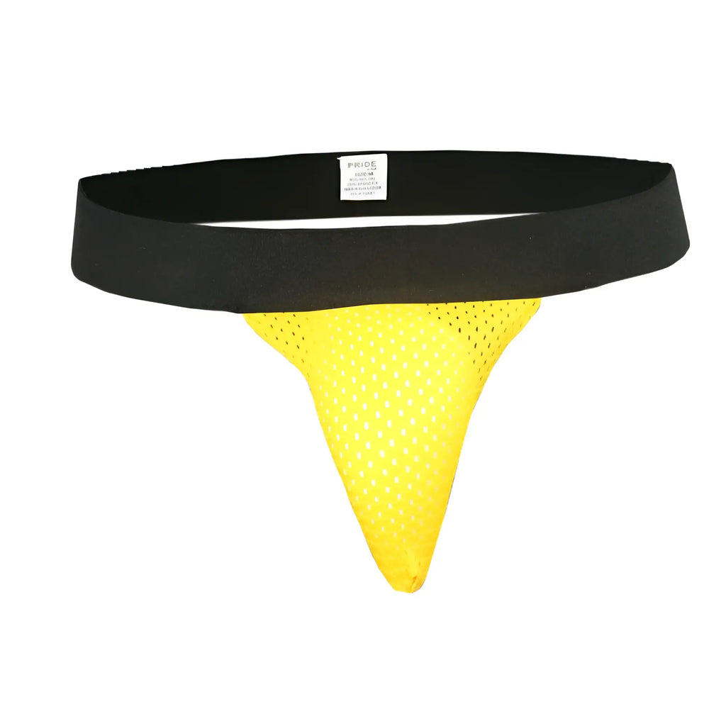 Bright yellow mesh thong with black elastic waistband featured in pride mesh sock product front view