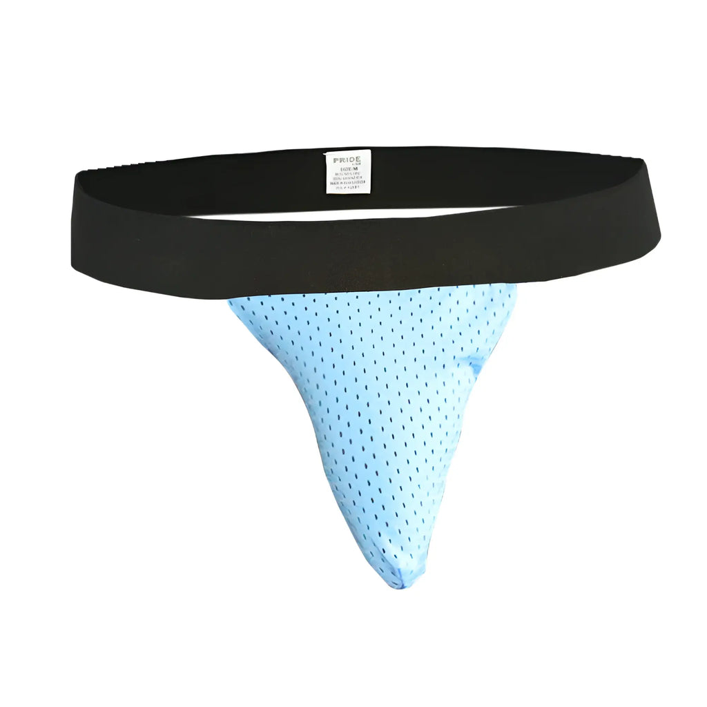 Light blue mesh athletic brief with black elastic waistband designed for pride mesh sock collection