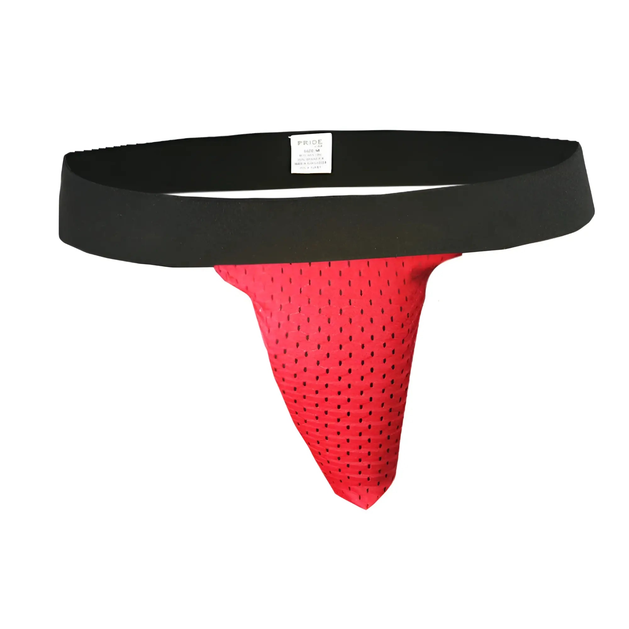 Red mesh athletic supporter with black elastic waistband designed for comfort and breathability in pride mesh sock