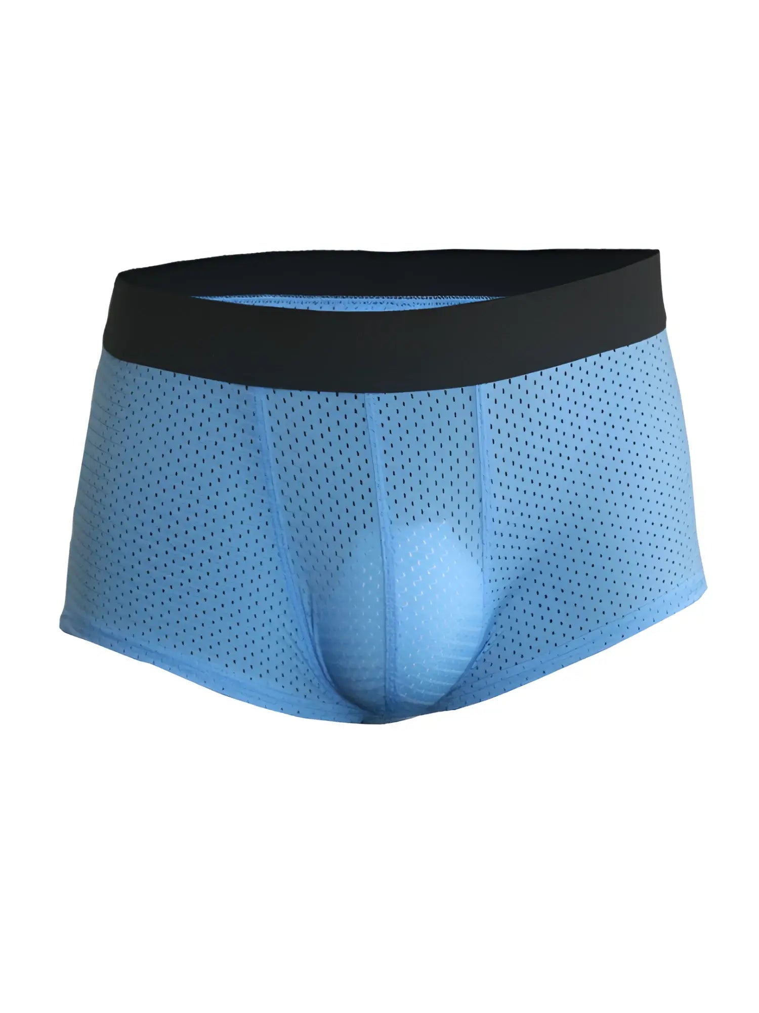 Light blue pride mesh trunk briefs with black elastic waistband made of breathable mesh fabric