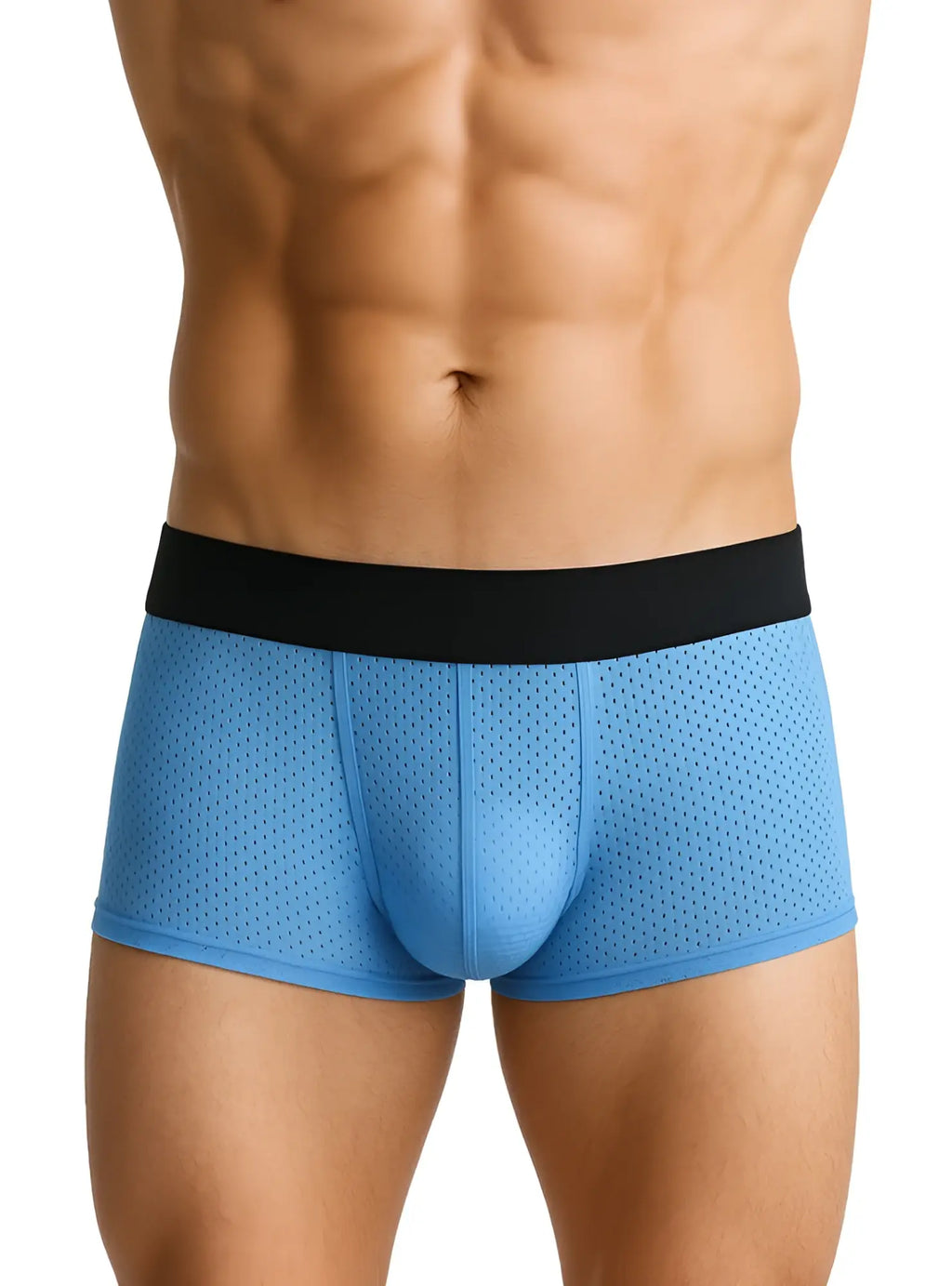 Light blue perforated mesh pride mesh trunk boxer briefs with solid black waistband showing front side