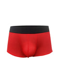 Red mesh briefs with black elastic waistband featuring breathable pride mesh trunk design