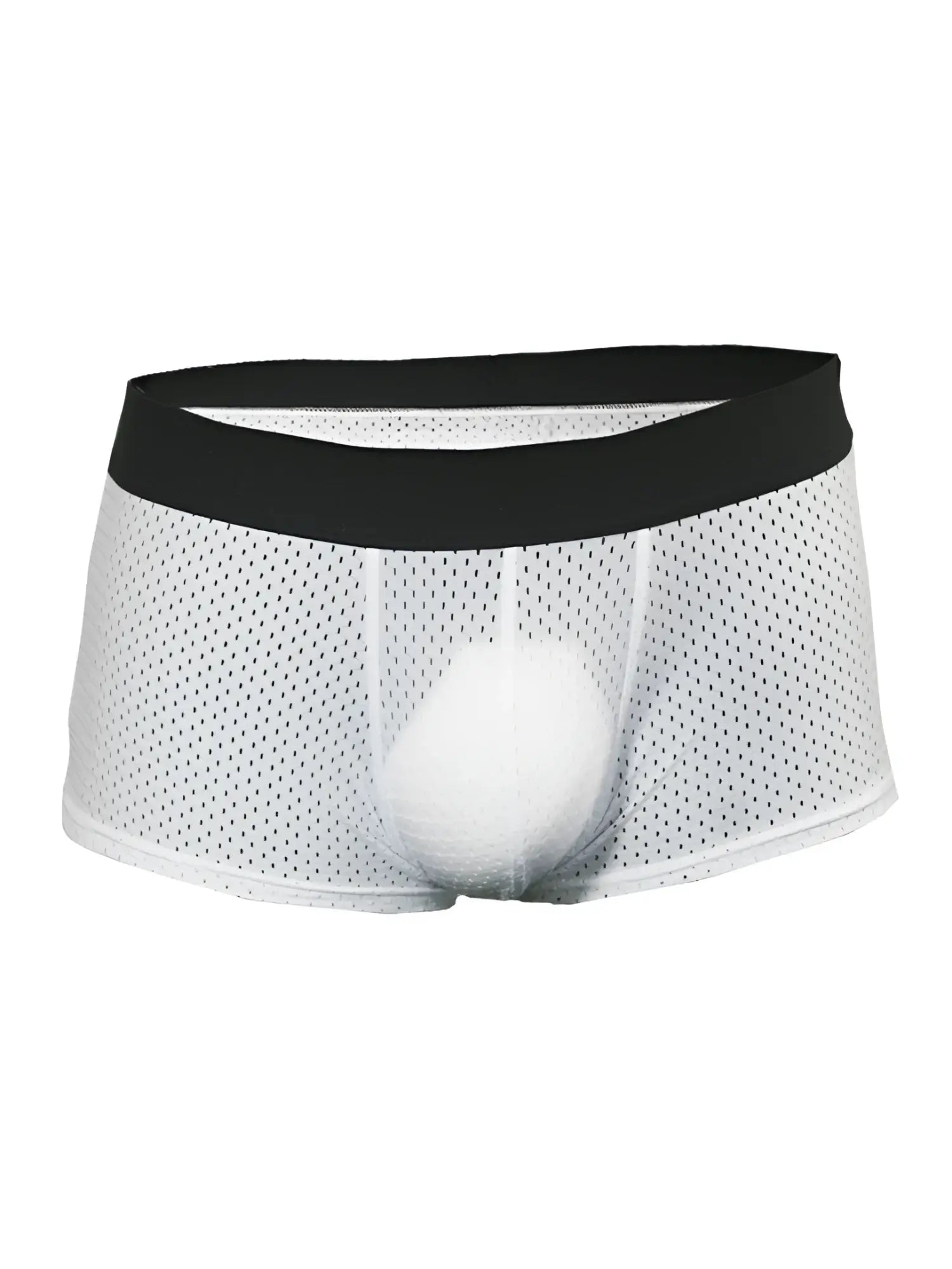 White mesh pride mesh trunk briefs with black waistband and padded rounded design