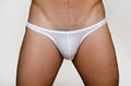 White sheer mesh pride metro thong with plus pouch and thin elastic waistband shown from the front side