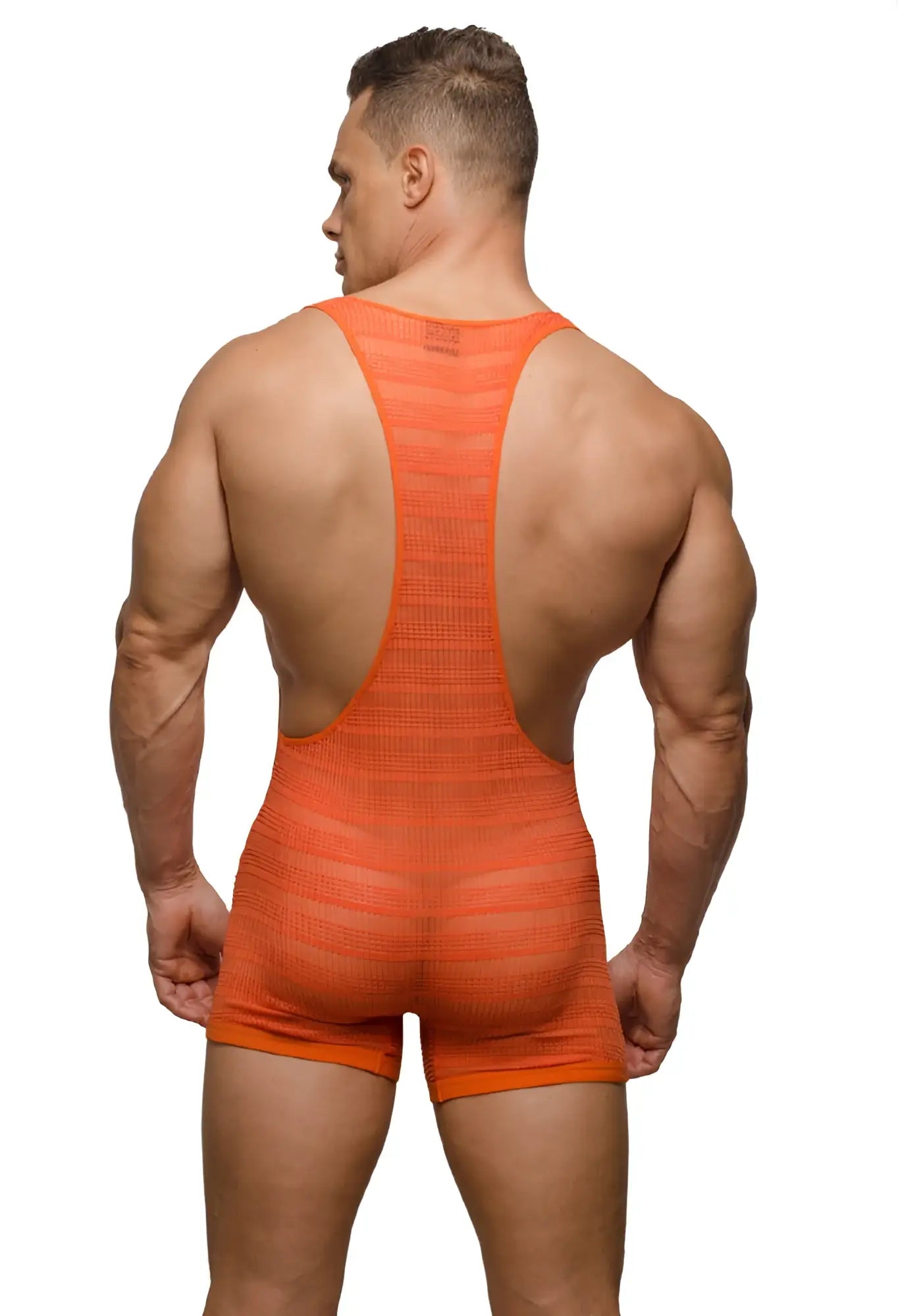 Back view of orange sheer mesh wrestling singlet with backless design and wide shoulder straps for archery use